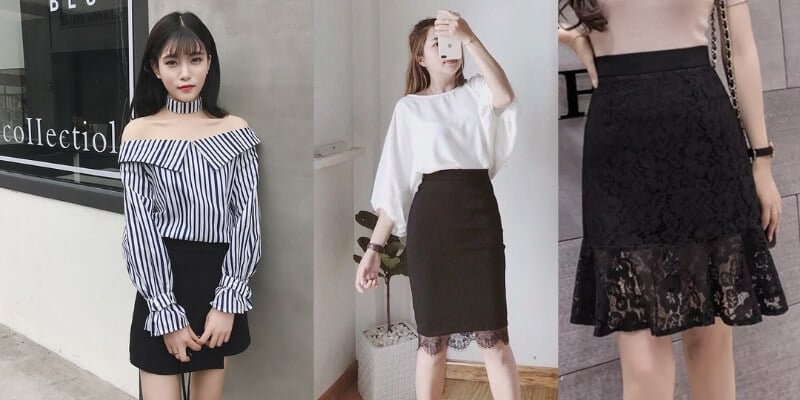 Ba người mẫu mặc váy đen với áo kiểu khác nhau, tạo dáng trong không gian nội thất và ngoài trời.