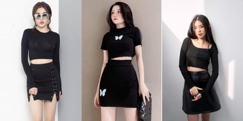 Ba người mặc trang phục màu đen, đứng tạo dáng trước nền sáng.