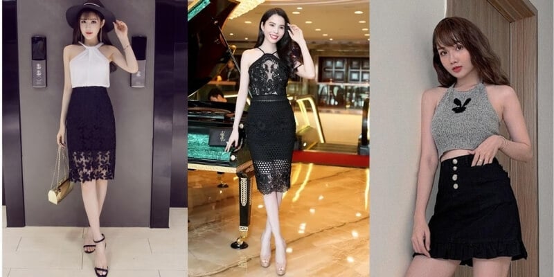 Ba người phụ nữ mặc trang phục thời trang khác nhau, đứng tạo dáng trong các khung cảnh nội thất khác nhau.
