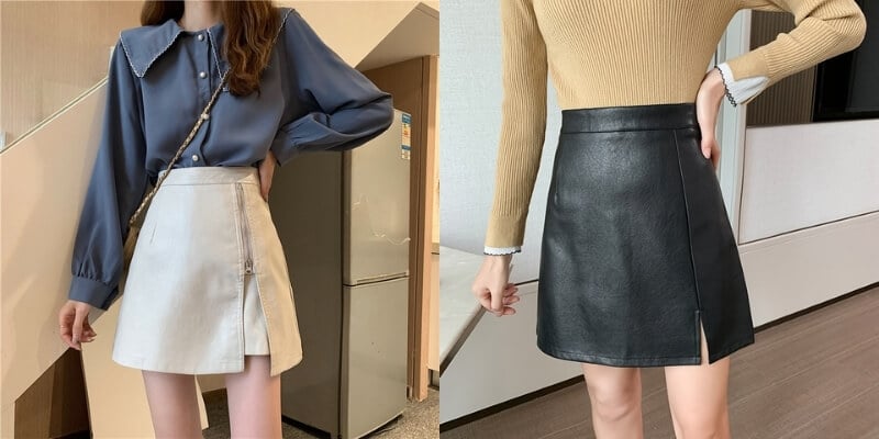 Người mẫu mặc áo dài tay và chân váy ngắn, một bộ màu xanh và trắng, bộ kia màu nâu và đen.