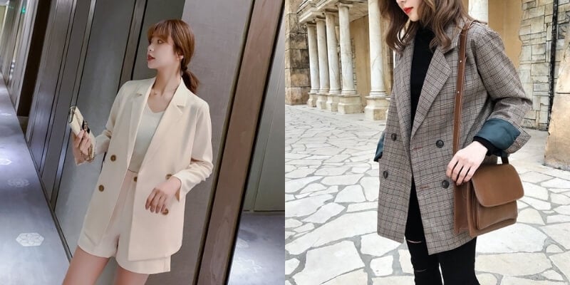 Hai người mặc trang phục thời trang với áo blazer; một người mặc áo sáng màu, người kia mặc áo kẻ caro.