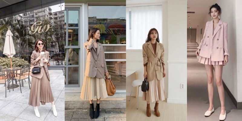 Bốn người mặc trang phục thời trang với áo khoác blazer và váy xếp ly đứng ở các địa điểm khác nhau.
