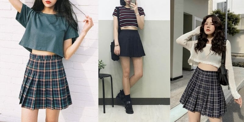 Ba người mặc áo crop top và chân váy xếp ly, tạo dáng trước các bối cảnh khác nhau.