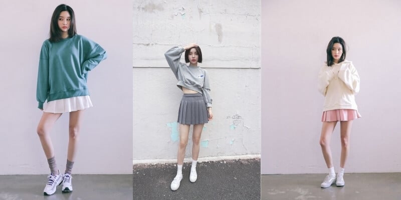 Ba người mẫu tạo dáng với áo len và váy ngắn trong ba bức ảnh riêng biệt, nền tường đơn giản.