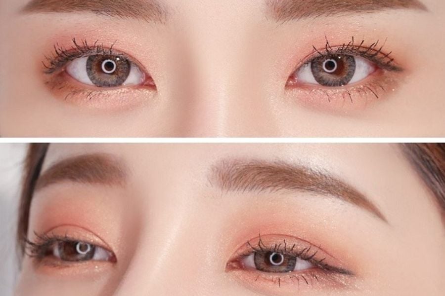 Cận cảnh đôi mắt với trang điểm tông màu cam nhạt, lông mày đậm nét và lông mi dài.