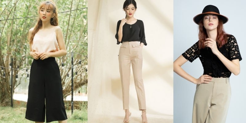 Ba người mẫu nữ mặc trang phục thời trang đứng tạo dáng trong các bối cảnh khác nhau.