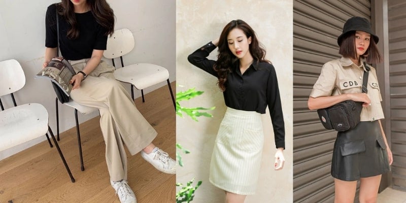 Ba người phụ nữ mặc trang phục thời trang khác nhau, đứng trong các bối cảnh khác nhau.