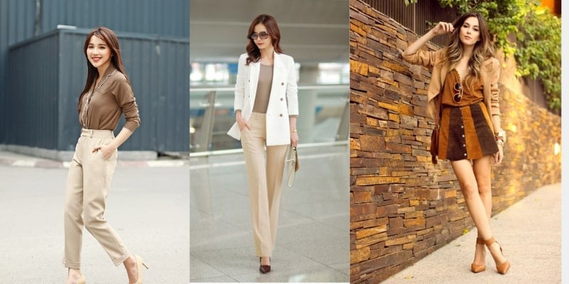 Ba người mặc trang phục thời trang, phối đồ tông màu nâu và trắng, đứng trong các bối cảnh khác nhau.