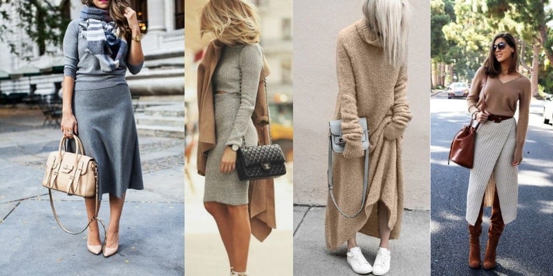Bốn người mặc trang phục mùa đông thời trang, với áo khoác và phụ kiện, tạo dáng trên phố và nền khác nhau.