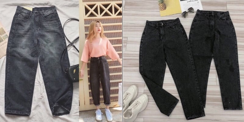 Quần jeans đen phối với áo hồng và giày trắng, bên cạnh là hai chiếc quần jeans đen và một đôi giày trên sàn gỗ.