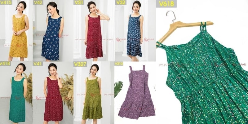 Hình ảnh gồm nhiều mẫu váy hoa với các màu sắc khác nhau, được trưng bày trên móc và người mẫu.