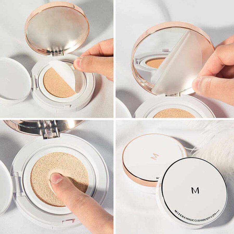 Bộ sưu tập hình ảnh hộp phấn trang điểm với tay đang mở và nhấn vào bề mặt phấn.