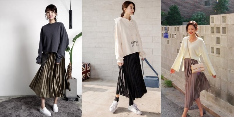 Ba người mặc váy xếp ly và áo dài tay, tạo dáng trong các bối cảnh khác nhau.