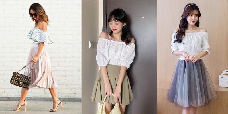 Ba người mặc trang phục áo trễ vai và váy, đứng trên nền khác nhau.