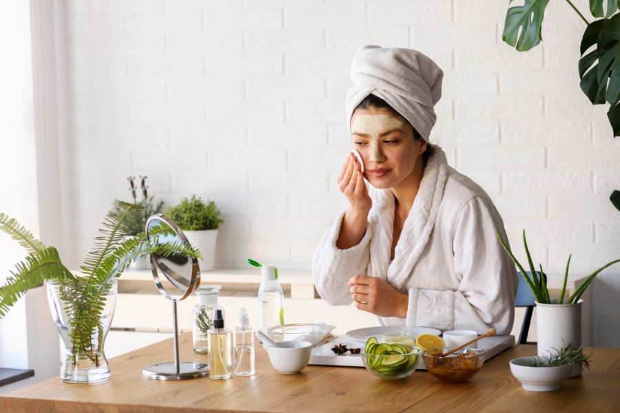 Người phụ nữ đắp mặt nạ tự nhiên, quấn khăn trên đầu, ngồi trước gương trang điểm, trên bàn có nhiều nguyên liệu dưỡng da.