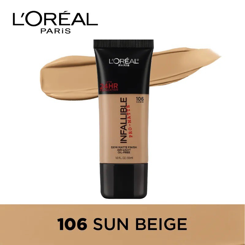 my-pham-trang-diem-cho-da-dau-mun-2 Tuýp kem nền L'Oreal Paris Infallible Pro-Matte màu 106 Sun Beige, nền demi matte, không dầu, bền màu 24 giờ.