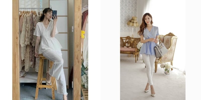 Hai người mặc trang phục thời trang, một bên trong phòng thử đồ, một bên trong phòng khách sang trọng.