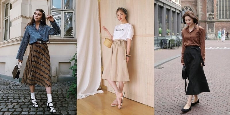 Ba phụ nữ mặc trang phục thời trang đa dạng đứng trong các bối cảnh khác nhau, từ đường phố đến không gian trong nhà.