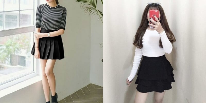 Hai người mặc chân váy đen và áo thun, một người chụp ảnh trước gương, người kia đứng gần cửa sổ.