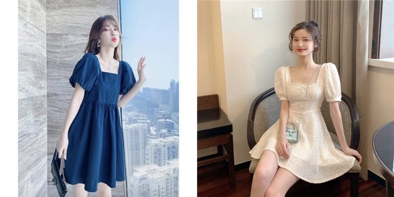 Hình ảnh hai người mặc váy thời trang, một người đứng cạnh cửa sổ, người kia ngồi trên ghế cạnh bàn.