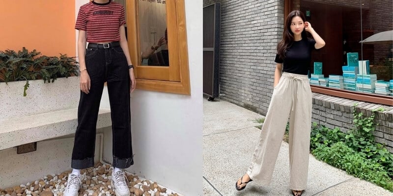 Hai người mặc trang phục thời trang hè, đứng ngoài trời. Một người mặc áo đỏ, quần đen; người kia áo đen, quần sáng.