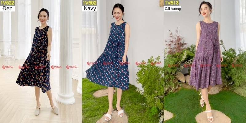 Ba mẫu váy hoa khác nhau được trưng bày, mỗi mẫu có màu sắc và họa tiết riêng biệt.