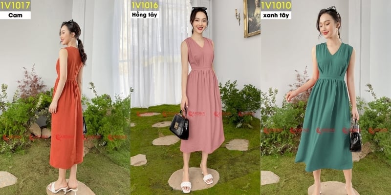 Ba hình ảnh người mẫu mặc váy màu cam, hồng tây và xanh tây, đứng trên nền cỏ và cây xanh.