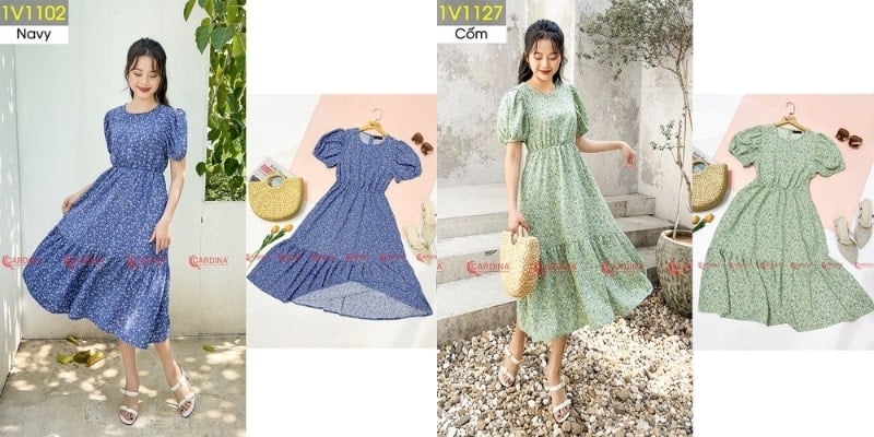 Người mẫu mặc váy hoa xanh và váy hoa xanh lá, bên cạnh là ảnh sản phẩm tương ứng trên nền trắng.