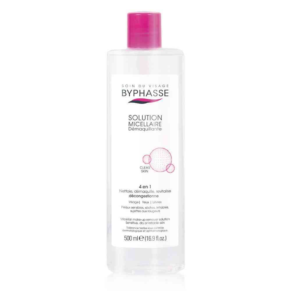 ntt-6 Chai nước tẩy trang micellar Byphasse 500ml với nắp màu hồng, nhãn trắng in chữ đen và hồng.