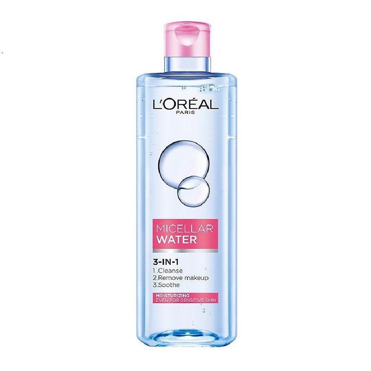 ntt Chai nước tẩy trang L'Oréal 3 trong 1 với thiết kế trong suốt và nắp màu hồng.