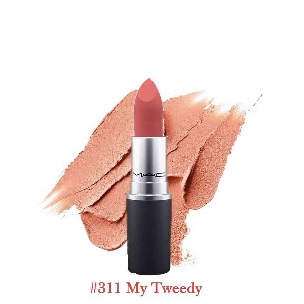 review-son-mac-power-kiss-7 Thỏi son màu hồng đất, nền là vệt son cùng màu, có chữ "#311 My Tweedy" phía dưới.