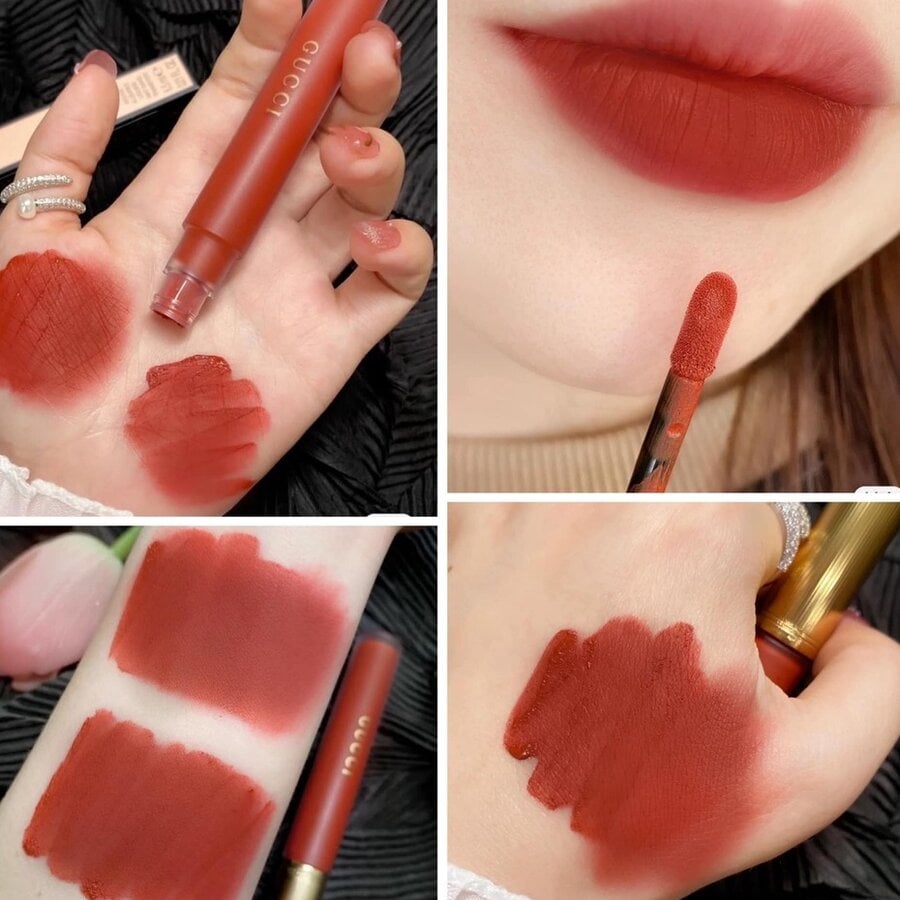 Hình ảnh son môi màu đỏ được thử trên tay và môi, kèm cọ son.