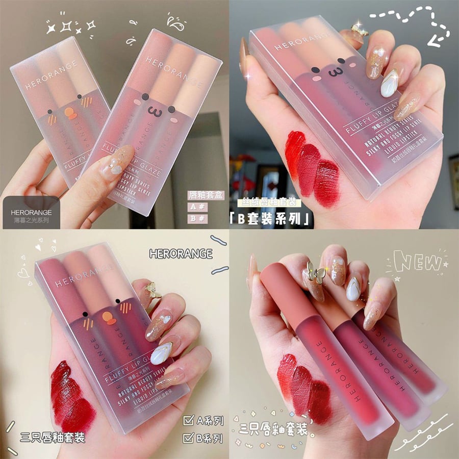 Hai hộp son Herorange, tay cầm, mẫu son đỏ thoa trên tay, có chữ trang trí xung quanh.