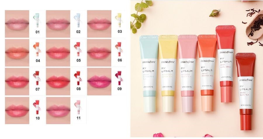 Bảng màu son và các tuýp son dưỡng môi nhiều màu sắc được xếp cạnh nhau trên nền trắng.