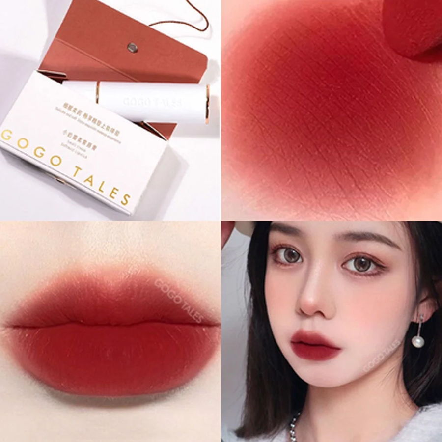 Bộ sưu tập son môi đỏ, gồm bao bì, màu son, đôi môi tô son và khuôn mặt trang điểm.