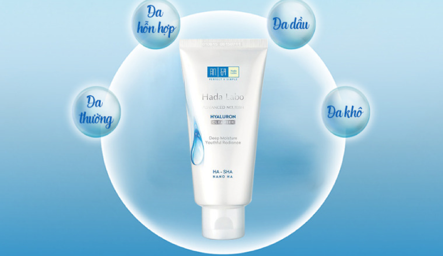 Tuýp kem dưỡng da Hada Labo trên nền xanh, có các từ chỉ loại da xung quanh như da hỗn hợp, da dầu, da khô, da thường.