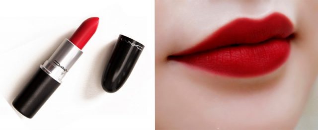 Thỏi son đỏ bên cạnh đôi môi được tô màu đỏ, nền trắng.