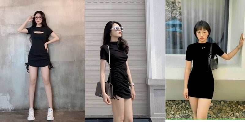 Ba người mặc váy đen đứng tạo dáng trước các phông nền khác nhau.
