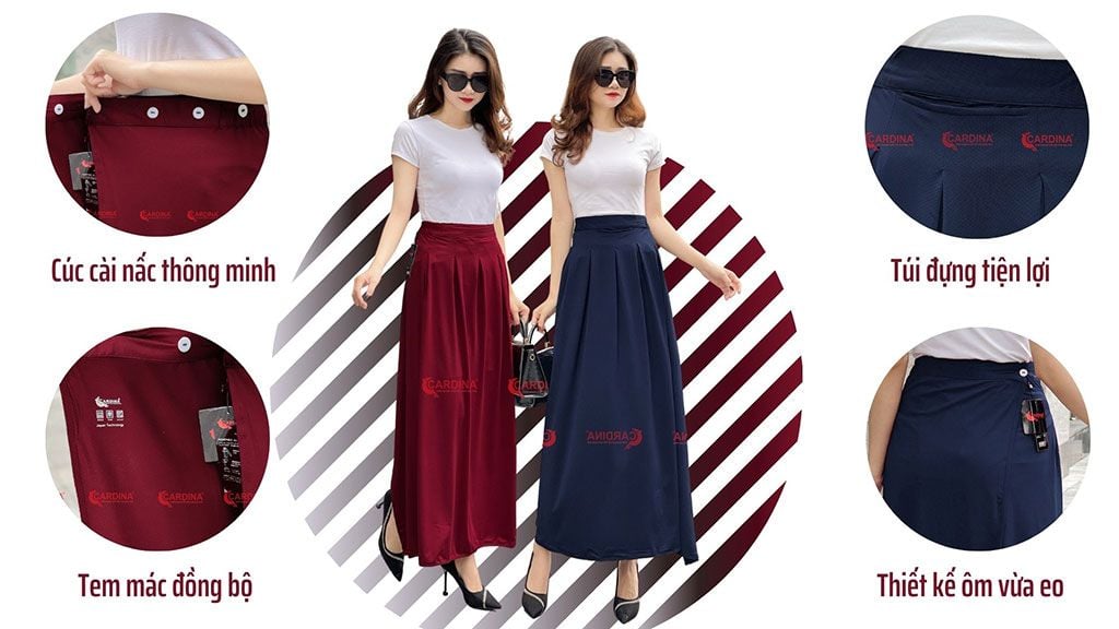 Hai người mặc váy dài đỏ và xanh, áo trắng. Hình ảnh cận cảnh chi tiết váy như cúc và túi.