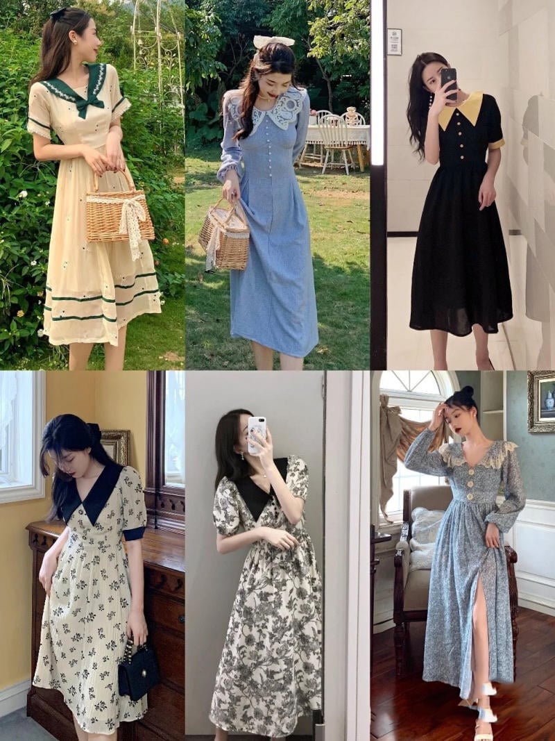 Sáu mẫu váy dài đa dạng, từ phong cách cổ điển đến hiện đại, trong nhiều bối cảnh khác nhau.