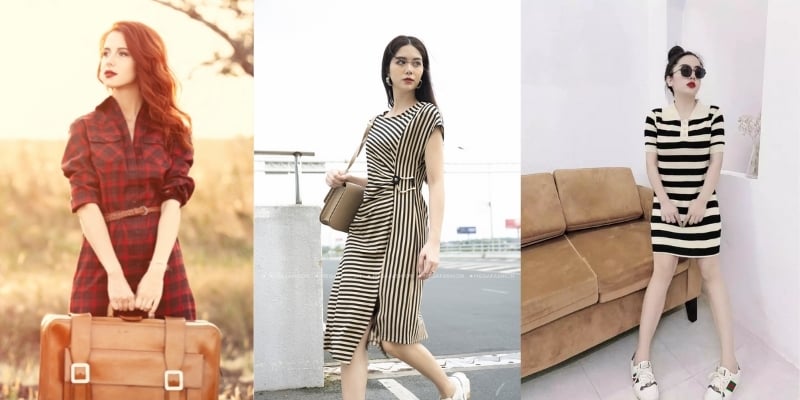 Ba người mẫu nữ mặc các kiểu váy khác nhau: kẻ sọc đỏ, sọc đen trắng, đứng trước cảnh ngoài trời và trong nhà.