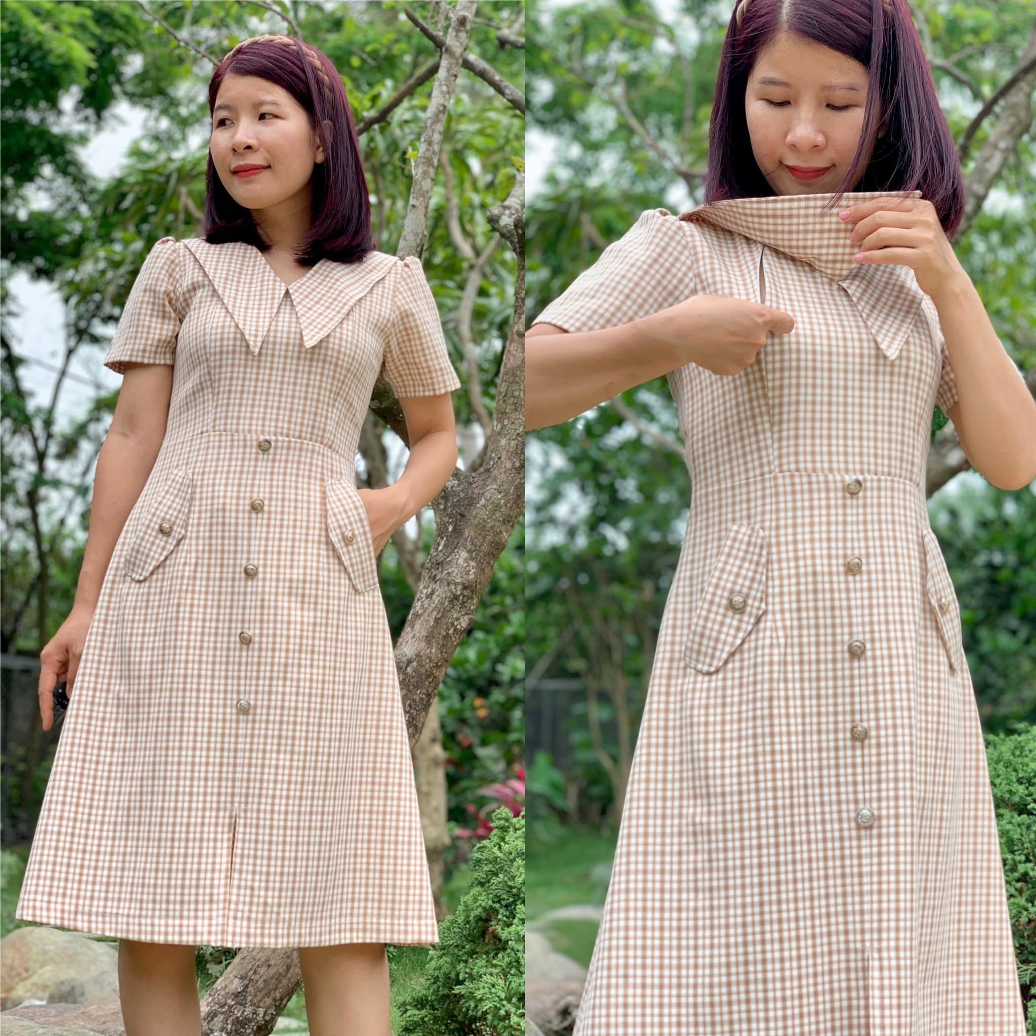 Người phụ nữ mặc váy kẻ caro đứng ngoài trời, có cây xanh xung quanh.