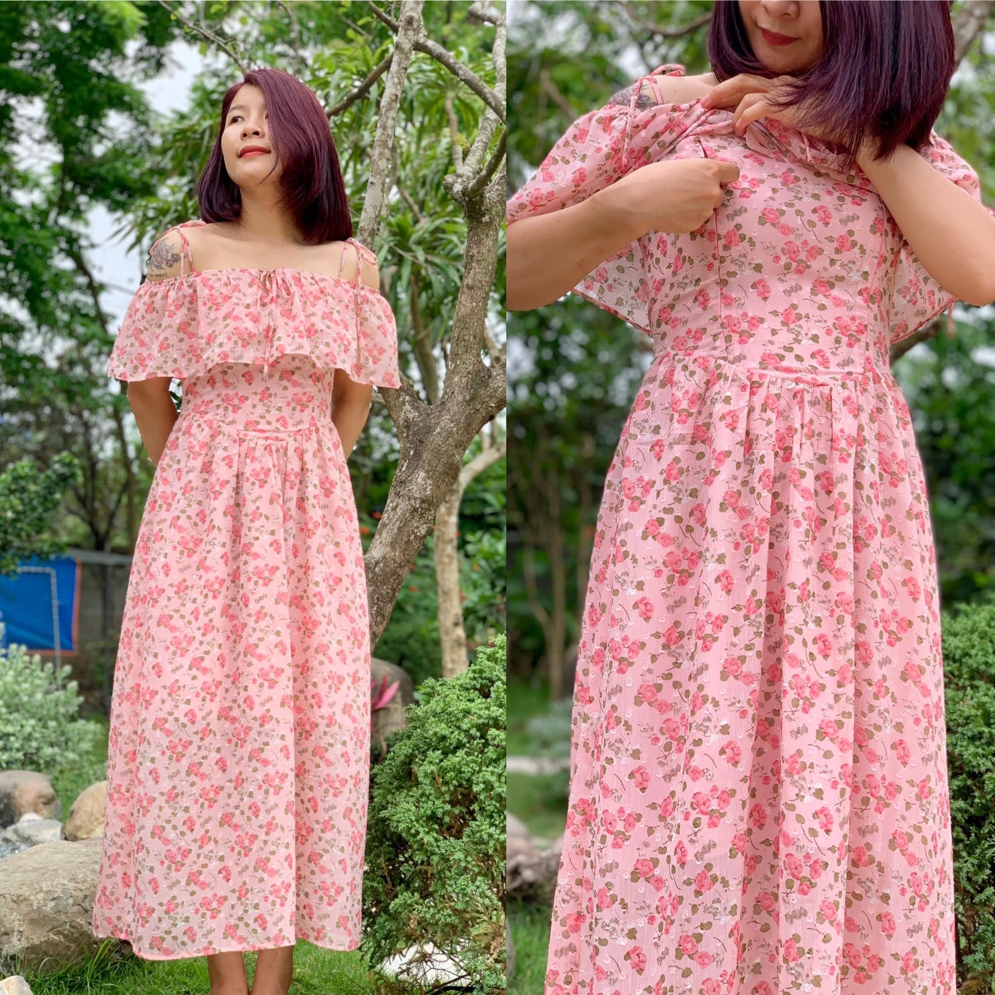 Người mặc váy hoa hồng nhạt, đứng ngoài trời cạnh cây xanh, ảnh chụp toàn thân và cận cảnh váy.
