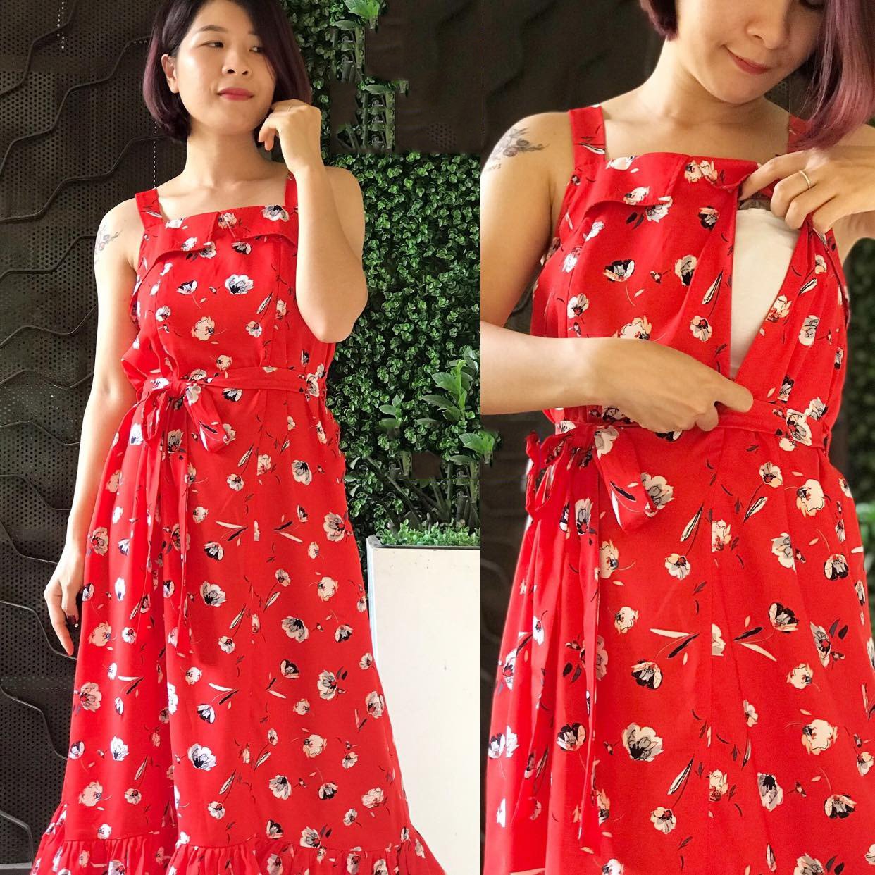 Người mẫu mặc váy đỏ họa tiết hoa, cho thấy tính năng mở áo tiện lợi.
