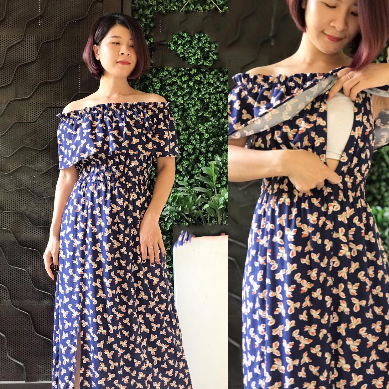 Người phụ nữ mặc váy hoa xanh, đứng cạnh bức tường cây xanh, có chi tiết mở váy.
