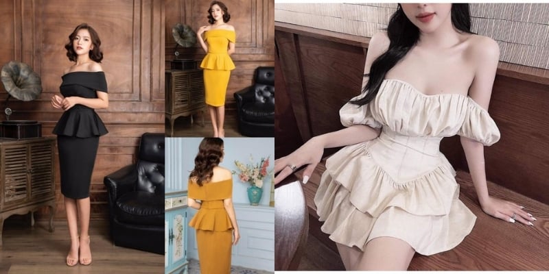 Người mẫu mặc váy dạ hội kiểu peplum màu đen, vàng và be trong không gian nội thất sang trọng.