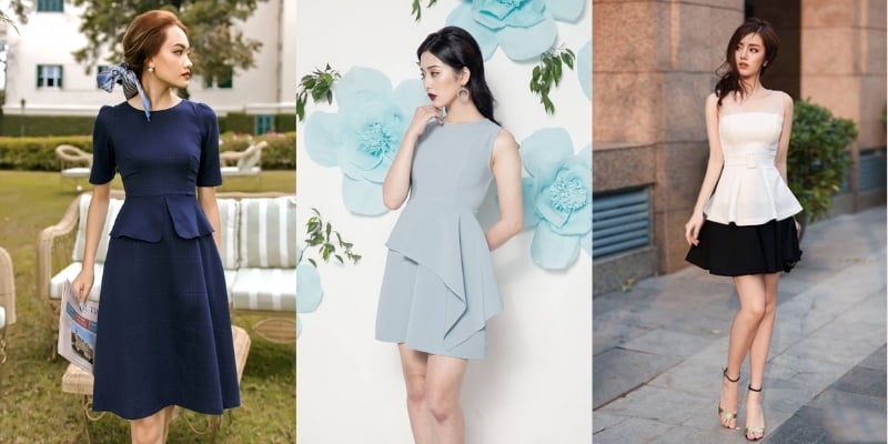 Ba người mẫu mặc trang phục thời trang khác nhau, đứng trong các bối cảnh khác nhau, tạo dáng chuyên nghiệp.