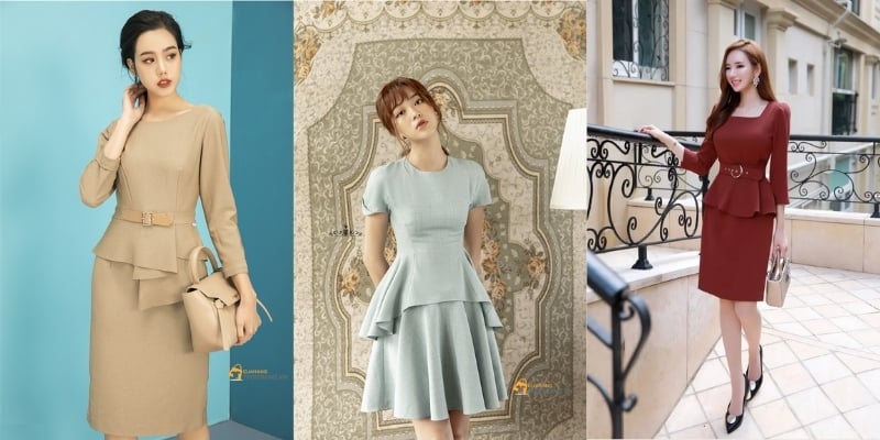 Ba người phụ nữ mặc váy thanh lịch với thiết kế peplum, đứng trên nền khác nhau.