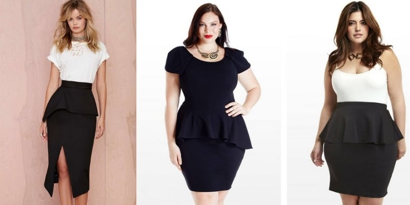 Ba người mẫu mặc trang phục công sở hiện đại với váy peplum, đứng trước nền đơn giản.