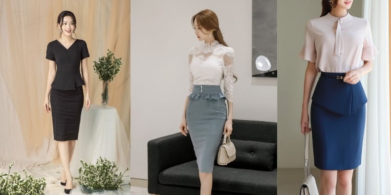 Ba người mặc trang phục công sở thanh lịch với áo và chân váy, đứng trong các bối cảnh khác nhau.